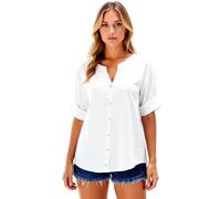 Women's Casual Linen Short Sleeve Button Down Shirt Solid Color V Neck Relaxed Fit Blouse for Summer Beach Vacation Daily Wear Loose Fit Tunic