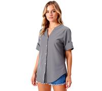 Women's Casual Linen Short Sleeve Button Down Shirt Solid Color V Neck Relaxed Fit Blouse for Summer Beach Vacation Daily Wear Loose Fit Tunic