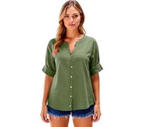 Women's Casual Linen Short Sleeve Button Down Shirt Solid Color V Neck Relaxed Fit Blouse for Summer Beach Vacation Daily Wear Loose Fit Tunic