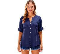 Women's Casual Linen Short Sleeve Button Down Shirt Solid Color V Neck Relaxed Fit Blouse for Summer Beach Vacation Daily Wear Loose Fit Tunic