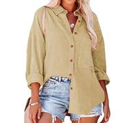 Women's Casual Long Sleeve Button Down Shirt Loose Fit Drop Shoulder Blouse Lightweight Crinkle Gauze Beach Top Khaki Spring Summer Tunic