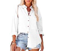 Women's Casual Long Sleeve Button Down Shirt Loose Fit Drop Shoulder Blouse Lightweight Crinkle Gauze Beach Top Khaki Spring Summer Tunic