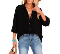 Women's Casual Long Sleeve Button Down Shirt Loose Fit Drop Shoulder Blouse Lightweight Crinkle Gauze Beach Top Khaki Spring Summer Tunic