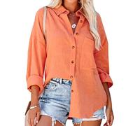 Women's Casual Long Sleeve Button Down Shirt Loose Fit Drop Shoulder Blouse Lightweight Crinkle Gauze Beach Top Khaki Spring Summer Tunic
