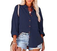 Women's Casual Long Sleeve Button Down Shirt Loose Fit Drop Shoulder Blouse Lightweight Crinkle Gauze Beach Top Khaki Spring Summer Tunic