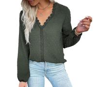 Womens Casual Long Sleeve V Neck Top Lace Trim Textured Solid Color Shirt (Dark Green,L)