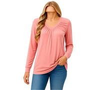 Women's Casual Long Sleeve V Neck Tops Solid Color Ruched Detail Loose Fit Tunic Blouse Soft Stretchy Basic Tee Shirt for Daily Wear