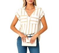 Women's Casual Loose V Neck Striped Button Down Shirt Short Sleeve Summer Blouse with Pockets Lightweight Work Top for Ladies Fashion Style