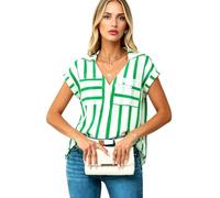 Women's Casual Loose V Neck Striped Button Down Shirt Short Sleeve Summer Blouse with Pockets Lightweight Work Top for Ladies Fashion Style