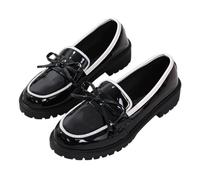 Women's Casual Patent Leather Bow Loafers, Bowknot Thick Sole Loafer for Women Comfortable Closed Toe Thick Sole (Black-White,36)