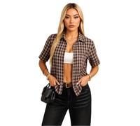 Women's Casual Plaid Short Sleeve Button Down Shirt Spring Summer Fashion Loose Fit Checkered Top Blouse Street Style Trendy Clothing for Women