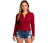 Women's Casual Ribbed Knit Long Sleeve Tunic Top with Side Pockets Half Zip V Neck Loose Fit Swing Shirt for Fall Winter Daily Wear【