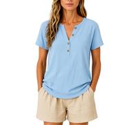Women's Casual Solid Color Cotton Linen Short Sleeve Half Placket V-Neck Button Top Summer Beach Loose Fit Blouse for Ladies Daily Wear
