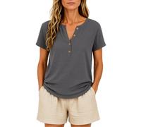 Women's Casual Solid Color Cotton Linen Short Sleeve Half Placket V-Neck Button Top Summer Beach Loose Fit Blouse for Ladies Daily Wear