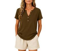 Women's Casual Solid Color Cotton Linen Short Sleeve Half Placket V-Neck Button Top Summer Beach Loose Fit Blouse for Ladies Daily Wear