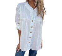 Women's Casual Solid Color Top, Long-Sleeved Fashion Loose V-Neck pleatedTurndown Collar Button Down Blouses (White,S)