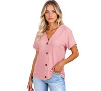 Women's Casual V Neck Short Sleeve Button Down T Shirt Solid Color Loose Fit Summer Tops Blouse for Ladies Daily Wear Soft Breathable Fabric