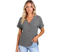 Women's Casual V Neck Short Sleeve Button Down T Shirt Solid Color Loose Fit Summer Tops Blouse for Ladies Daily Wear Soft Breathable Fabric