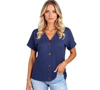 Women's Casual V Neck Short Sleeve Button Down T Shirt Solid Color Loose Fit Summer Tops Blouse for Ladies Daily Wear Soft Breathable Fabric