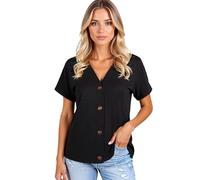 Women's Casual V Neck Short Sleeve Button Down T Shirt Solid Color Loose Fit Summer Tops Blouse for Ladies Daily Wear Soft Breathable Fabric