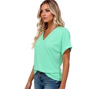 Women's Casual V Neck Short Sleeve T Shirts Summer Loose Fit Solid Color Tops Rolled Cuff Blouse for Ladies Plus Size Basic Tee Wardrobe Staple
