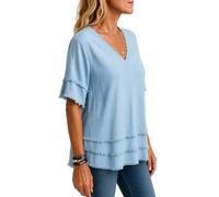Women's Casual V Neck Short Sleeve Tunic Top Loose Fit Distressed Hem Pullover Shirt Summer Beach Blouse Lightweight Knit Tee for Daily Wear