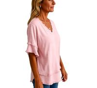 Women's Casual V Neck Short Sleeve Tunic Top Loose Fit Distressed Hem Pullover Shirt Summer Beach Blouse Lightweight Knit Tee for Daily Wear
