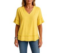 Women's Casual V Neck Short Sleeve Tunic Top Loose Fit Distressed Hem Pullover Shirt Summer Beach Blouse Lightweight Knit Tee for Daily Wear