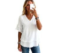Women's Casual V Neck Short Sleeve Tunic Top Loose Fit Distressed Hem Pullover Shirt Summer Beach Blouse Lightweight Knit Tee for Daily Wear