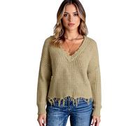 Women's Casual V Neck Sweater Pullover Long Sleeve Distressed Hem Knit Tops Loose Fit Fall Winter Fashion Cotton Blend Jumper for Ladies Soft Touch