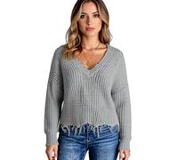 Women's Casual V Neck Sweater Pullover Long Sleeve Distressed Hem Knit Tops Loose Fit Fall Winter Fashion Cotton Blend Jumper for Ladies Soft Touch