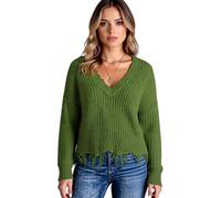 Women's Casual V Neck Sweater Pullover Long Sleeve Distressed Hem Knit Tops Loose Fit Fall Winter Fashion Cotton Blend Jumper for Ladies Soft Touch