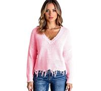 Women's Casual V Neck Sweater Pullover Long Sleeve Distressed Hem Knit Tops Loose Fit Fall Winter Fashion Cotton Blend Jumper for Ladies Soft Touch