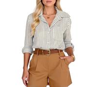 Women's Classic Blue And White Vertical Striped Button Down Shirt Long Sleeve Casual Work Blouse with Chest Pocket Relaxed Fit Office Wear Summer Top
