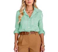 Women's Classic Blue And White Vertical Striped Button Down Shirt Long Sleeve Casual Work Blouse with Chest Pocket Relaxed Fit Office Wear Summer Top