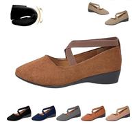 Women's Comfy Elastic Crisscross Strap Wedge Slip-On Shoes, Closed Toe Wedges Ankle Strap Flats,Elegant Suede Ballet Pumps (Brown,36)