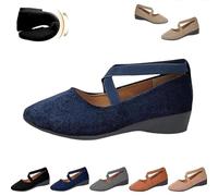 Women's Comfy Elastic Crisscross Strap Wedge Slip-On Shoes, Closed Toe Wedges Ankle Strap Flats,Elegant Suede Ballet Pumps (Navy Blue,40)