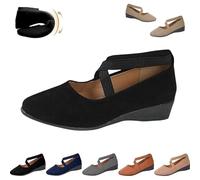 Women's Comfy Elastic Crisscross Strap Wedge Slip-On Shoes, Closed Toe Wedges Ankle Strap Flats,Elegant Suede Ballet Pumps (Black,37)