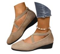 Women's Comfy Elastic Crisscross Strap Wedge Slip-On Shoes, Elegant Suede Comfy Slip-On, Pointed Toe Ballet Comfys Strap Ballerina Wedges Shoes (Khaki,41)