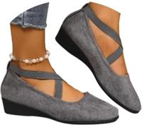 Women's Comfy Elastic Crisscross Strap Wedge Slip-On Shoes, Elegant Suede Comfy Slip-On, Pointed Toe Ballet Comfys Strap Ballerina Wedges Shoes (Gray,41)