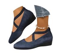 Women's Comfy Elastic Crisscross Strap Wedge Slip-On Shoes, Womens Round Toe Ballet Wedge Dress Shoe Elegant Suede Comfy Strap Ballerina Wedge Heel Footwear (Blue,42)