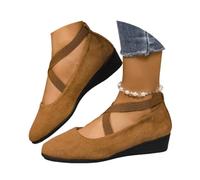Women's Comfy Elastic Crisscross Strap Wedge Slip-On Shoes, Womens Round Toe Ballet Wedge Dress Shoe Elegant Suede Comfy Strap Ballerina Wedge Heel Footwear (Brown,38)