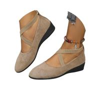 Women's Comfy Elastic Crisscross Strap Wedge Slip-On Shoes, Womens Round Toe Ballet Wedge Dress Shoe Elegant Suede Comfy Strap Ballerina Wedge Heel Footwear (Khaki,40)