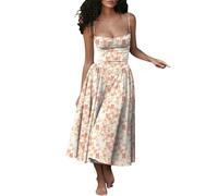 Womens Corset Dress Elegant Spaghetti Strap Bustier Midi Low Cut Flowy Pleated Hem Formal Dresses with Pockets