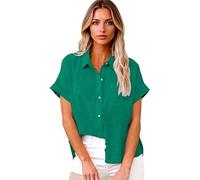 Women's Cotton Linen Button Down Shirt Summer Short Sleeve Collared Blouse Spring Fashion Loose Vacation Travel Tops