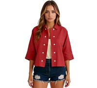 Women's Cotton Linen Double Breasted Shirt Short Sleeve Cropped Top Casual Button Down Blouse Summer Loose Fit Open Front Cardigan Jacket Black