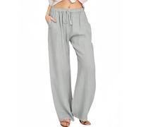 Women's Cotton Linen Pants, 2024 Summer High Waisted Drawstring Palazzo Pants Casual Loose Wide Leg Trousers with Pockets (Light Grey,M)