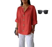 Women's Cotton Linen Roll-Up Sleeve Shirts Loose V Neck 3/4 Sleeve Tops, Summer Vacation Beach Solid Blouses Tunic Tops (IT, Testo, XL, Regular, Regular, Red)