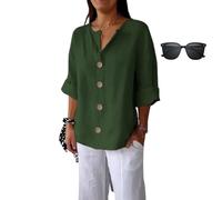 Women's Cotton Linen Roll-Up Sleeve Shirts Loose V Neck 3/4 Sleeve Tops, Summer Vacation Beach Solid Blouses Tunic Tops (IT, Testo, 3XL, Regular, Regular, Green)