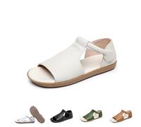 Women's Cow Genuine Leather Flats - Women's Summer Open-Toe Sandals,Flats Roman Sandals Comfort Soft Sole Non-Slip Beach Walking Shoes (White,40)